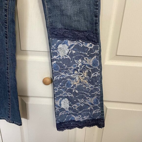 Kate Landry Women's Blue Floral Lace Embellished Y2K Boot Cut Jeans Size 8 - Picture 4 of 9